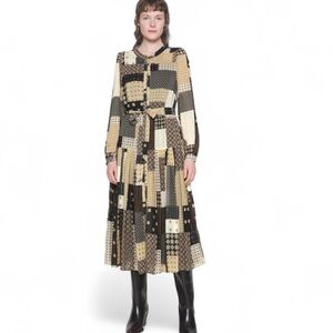 Banana Republic Foulard Print Patchwork Pleated Belted Maxi Dress Size XS